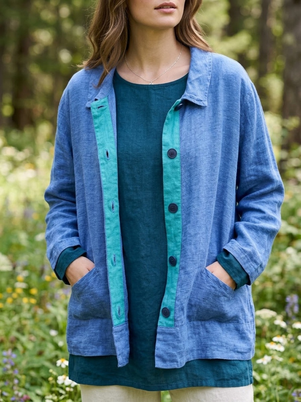 Flax Linen Button Front Dual Tone Shacket in Teal/Aqua size Large